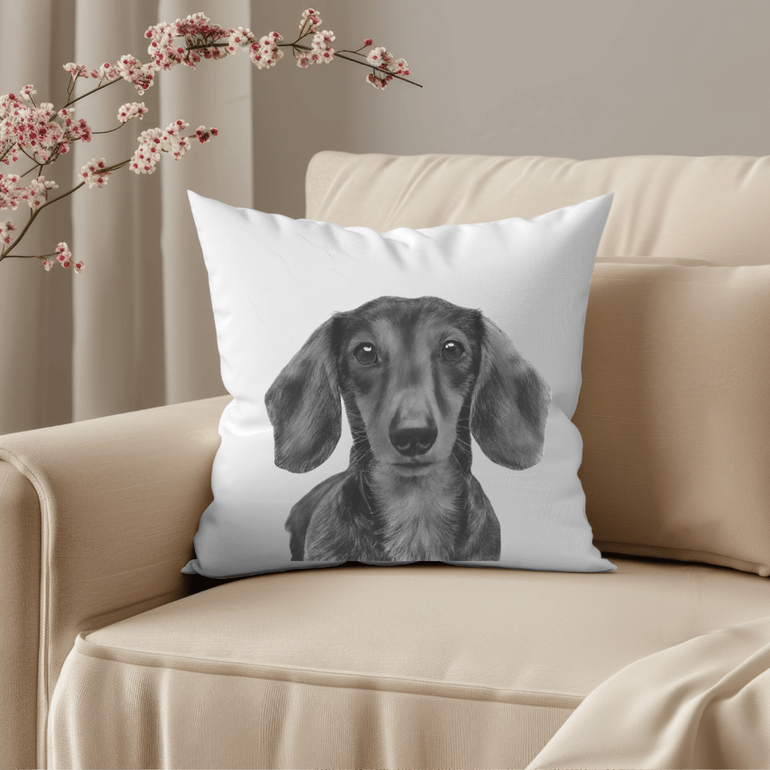 Decorative cushion featuring a detailed hand-drawn Dachshund illustration, perfect for dog lovers and cozy, pet-inspired home decor.