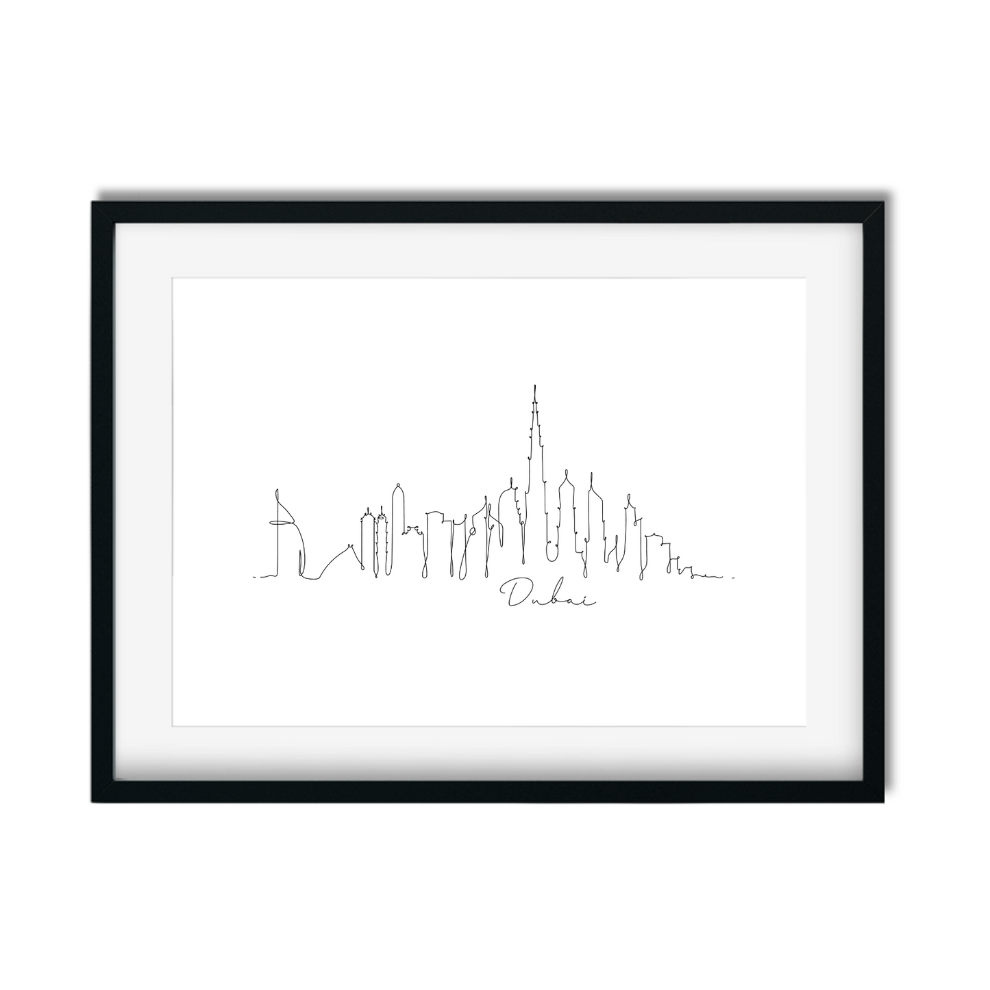 Detailed hand-drawn Dubai cityscape print featuring Burj Khalifa, Burj Al Arab, and modern skyline