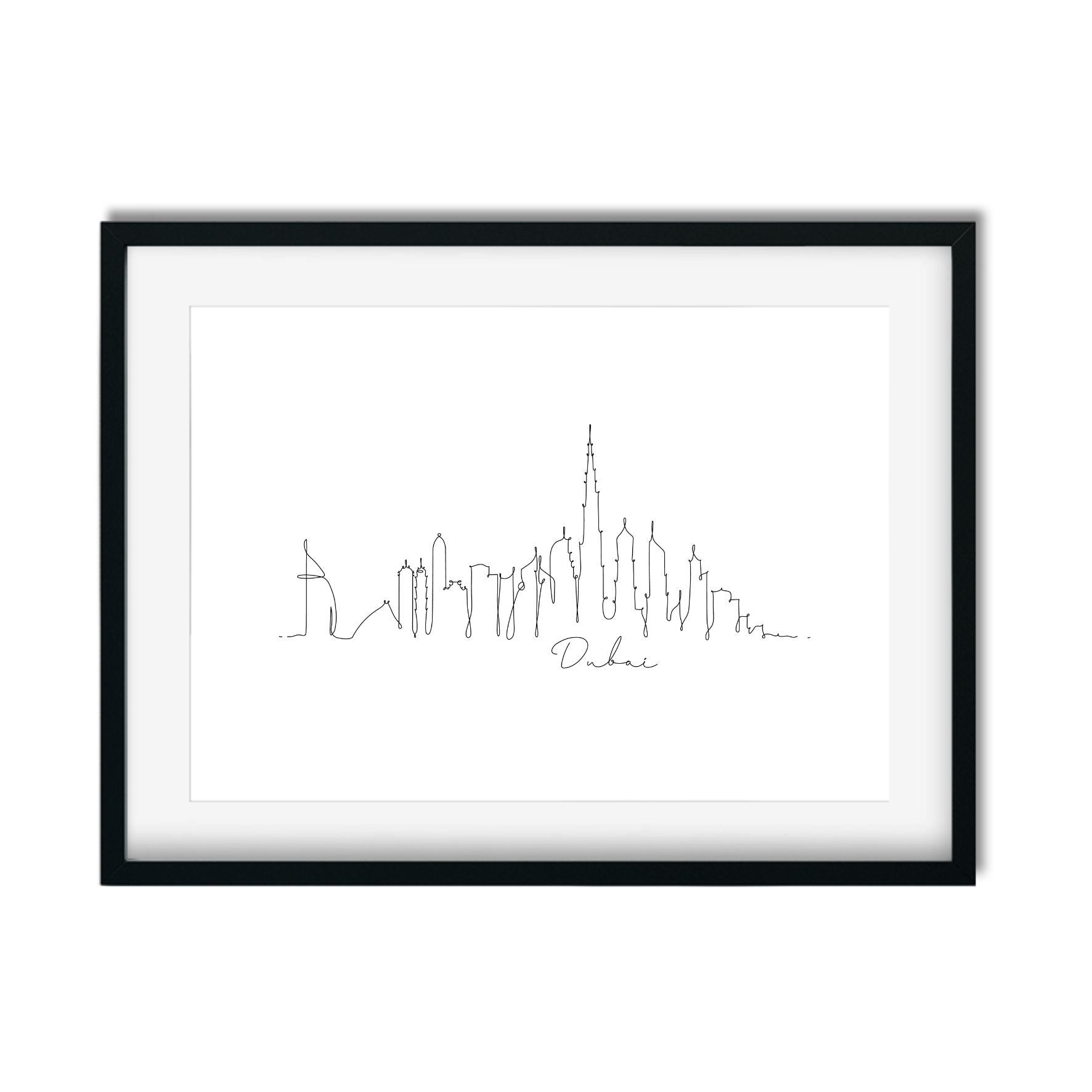 Detailed hand-drawn Dubai cityscape print featuring Burj Khalifa, Burj Al Arab, and modern skyline