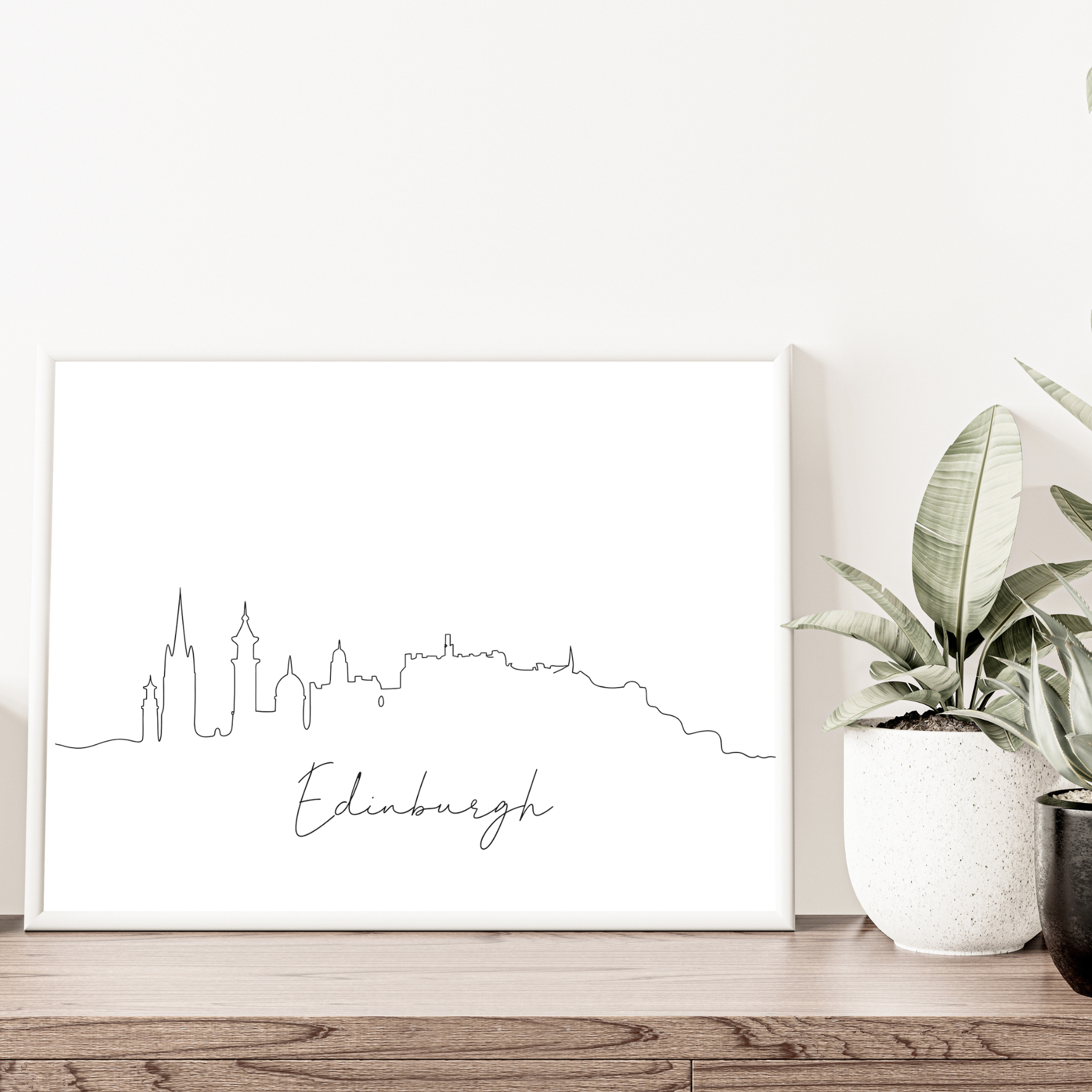 Detailed hand-drawn Edinburgh cityscape print with Edinburgh Castle, Scott Monument, and historic skyline