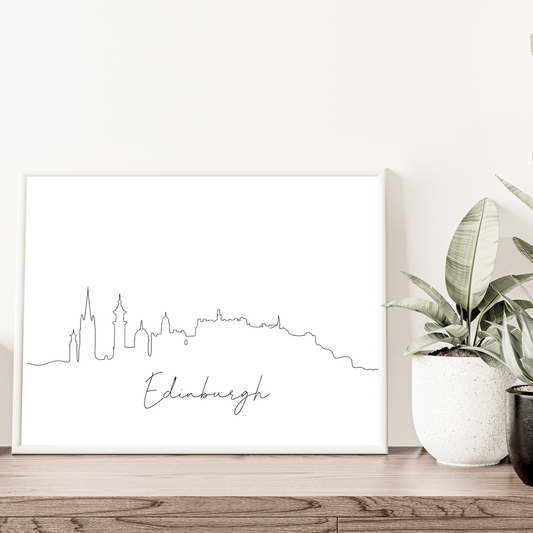 Detailed hand-drawn Edinburgh cityscape print with Edinburgh Castle, Scott Monument, and historic skyline