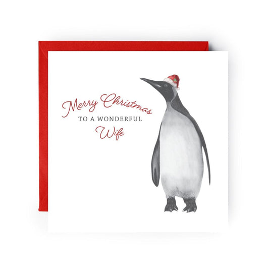 Celebrate your wonderful wife this Christmas with a hand-drawn festive penguin card, designed by Libra Fine Arts