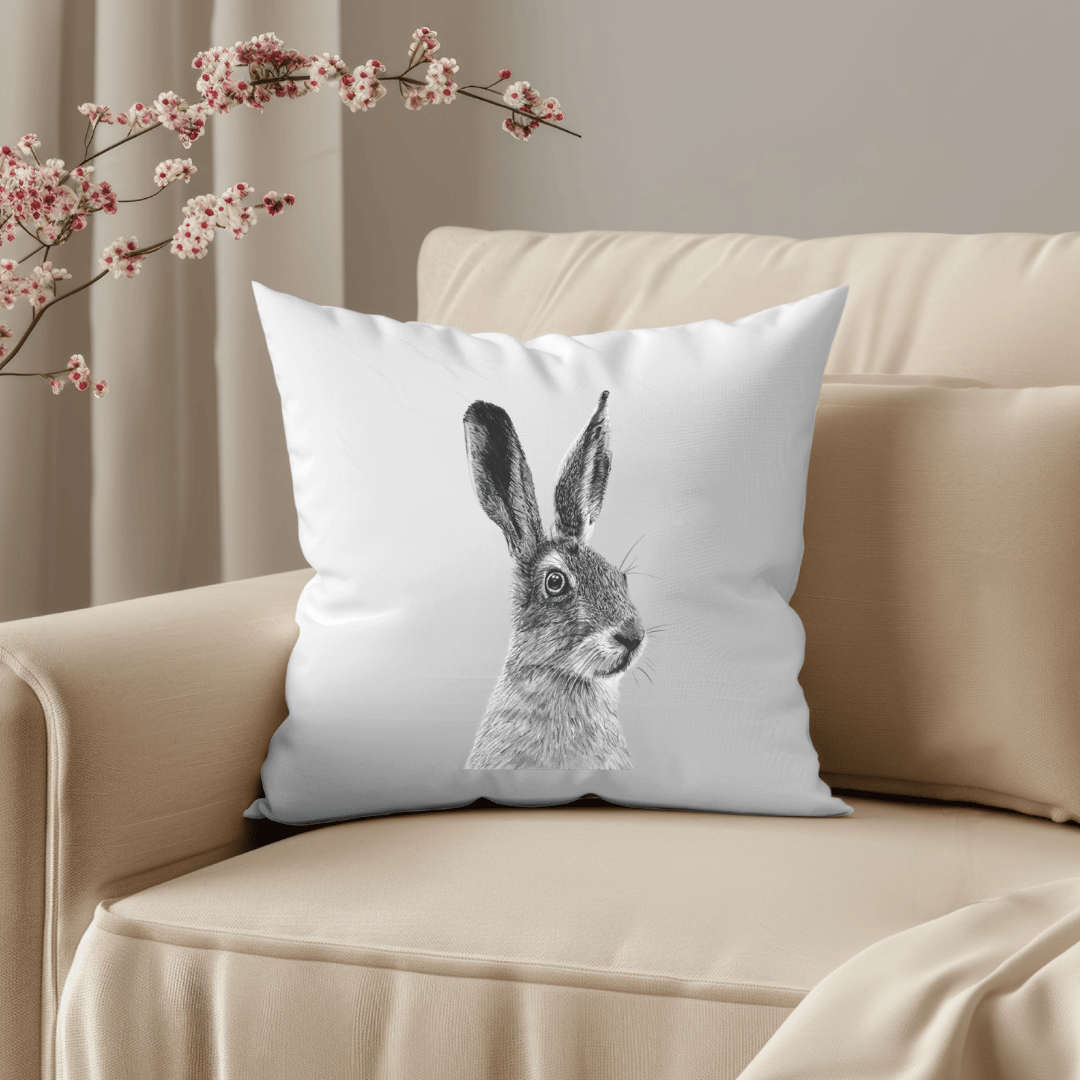 Decorative cushion featuring a detailed hand-drawn hare illustration, perfect for wildlife lovers and adding a cozy, rustic touch to countryside-inspired home decor
