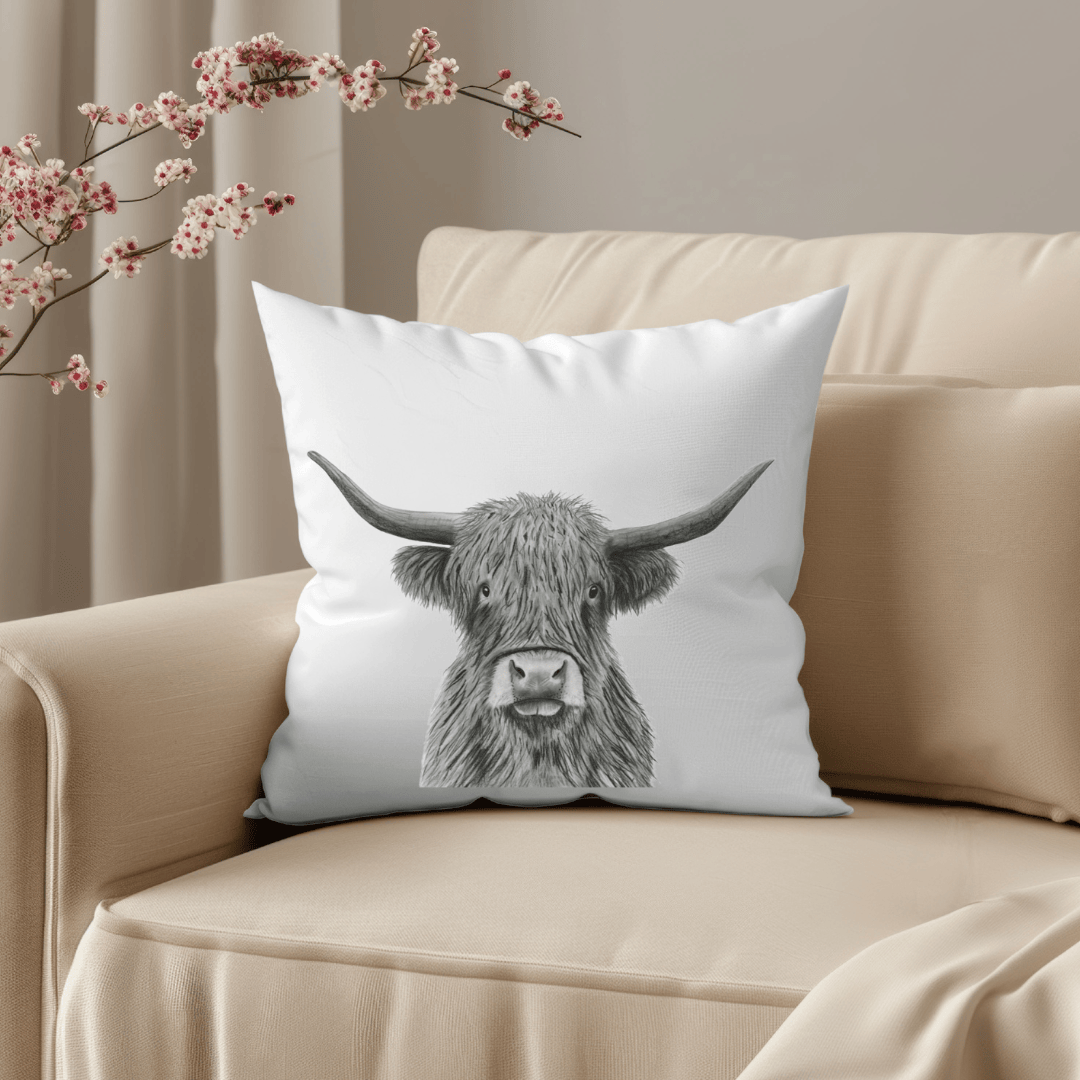 White pillow with a highland cow design on a beige couch