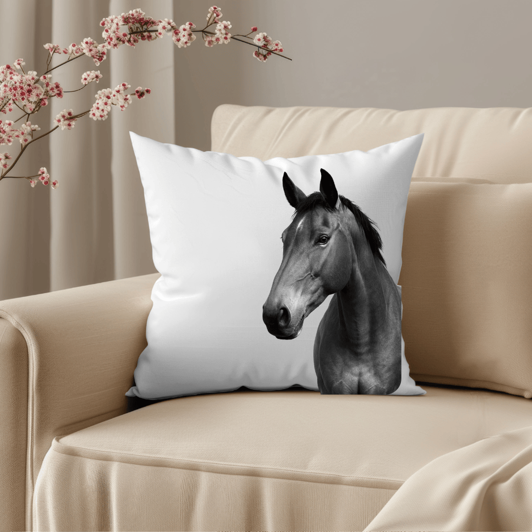 Decorative cushion featuring a hand-drawn galloping horse illustration, ideal for horse lovers and stylish countryside home decor.
