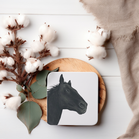Hand-drawn drinks coaster featuring a detailed illustration of a horse.