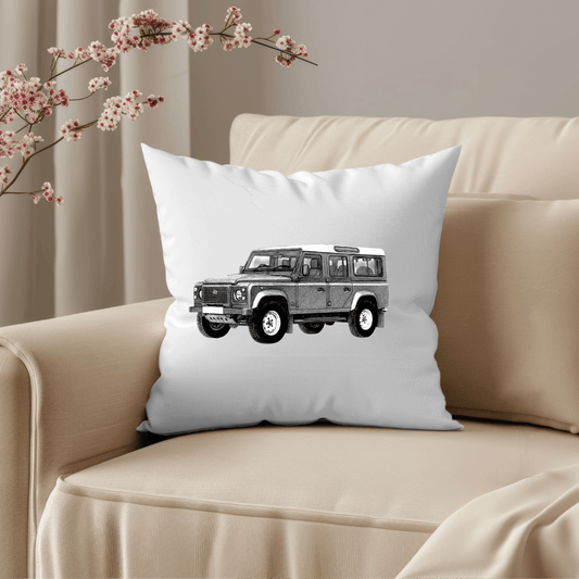 Luxury cushion featuring a detailed hand-drawn Land Rover design, perfect for car lovers and classic automotive-inspired home decor