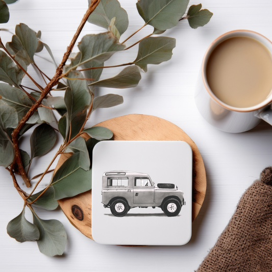 Hand-drawn Land Rover illustration on a drinks coaster, perfect for off-road enthusiasts.