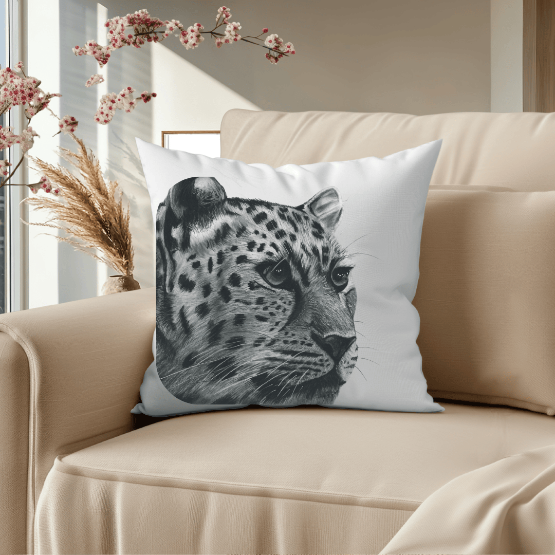 Faux Suede Leopard Cushion – Hand-Drawn Wildlife Home Décor Gift