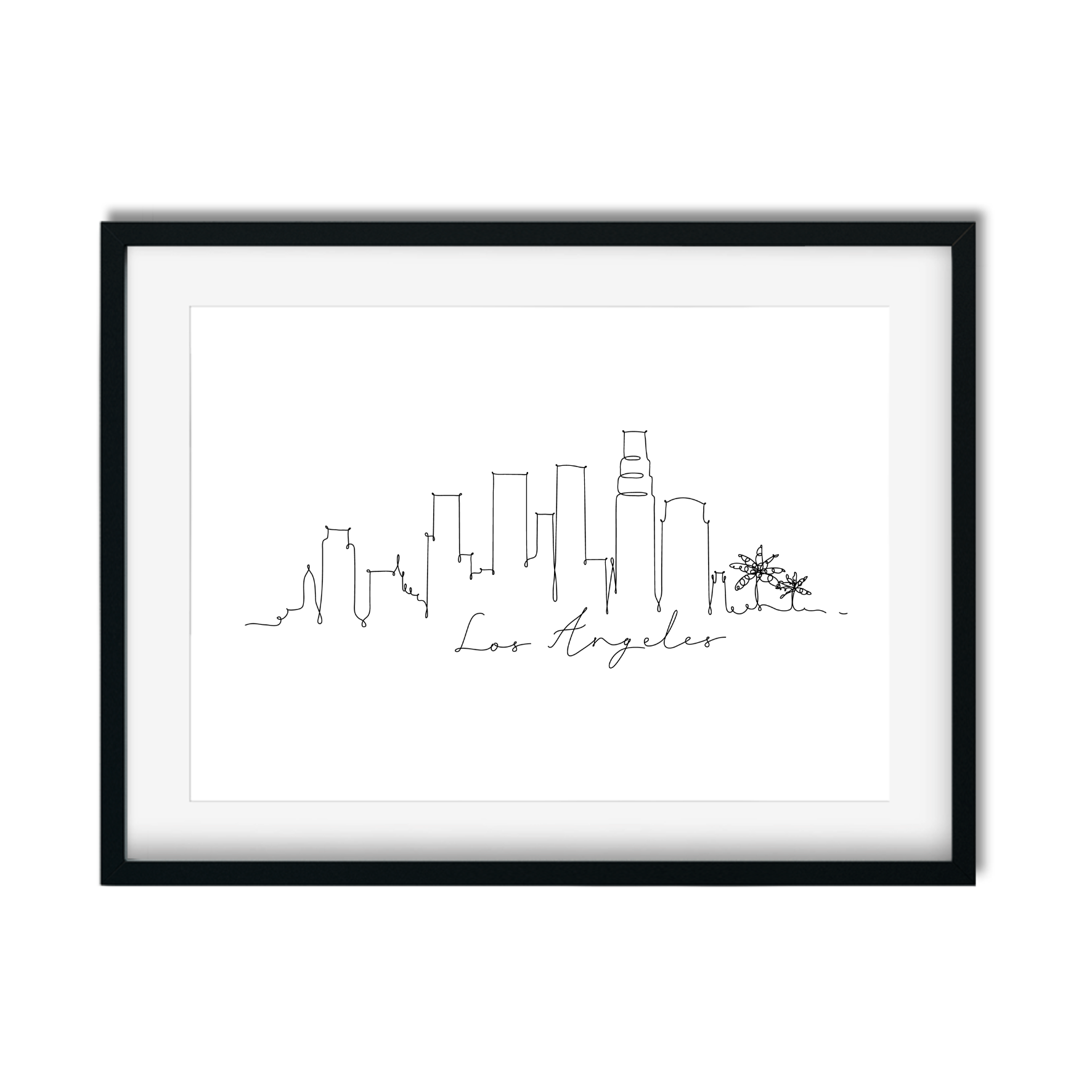 Detailed hand-drawn Los Angeles cityscape print with Hollywood Sign, Griffith Observatory, and downtown buildings
