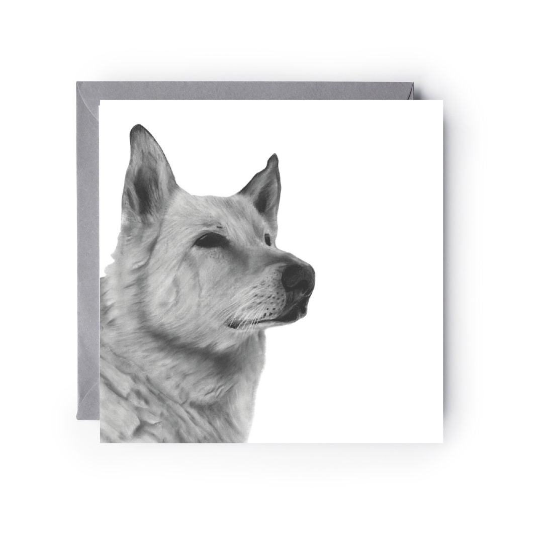 Adorable hand-drawn greeting card featuring Milo the Alsatian, perfect for celebrating special occasions with dog lovers and pet owners.