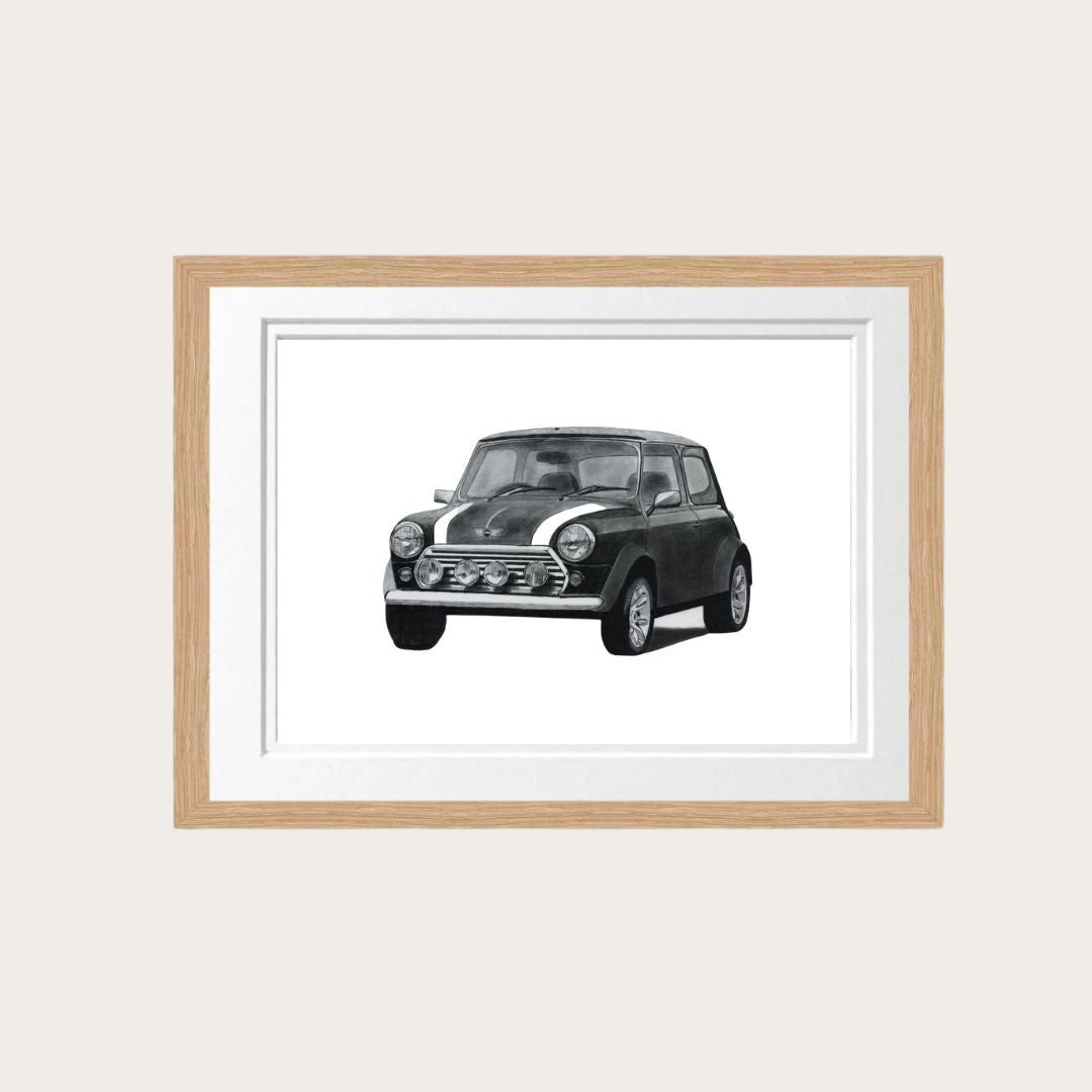 An elegant art print featuring a hand-drawn depiction of a classic Mini car, framed in natural oak. This vintage-style illustration makes a striking addition to any room. A perfect gift for automotive enthusiasts, especially those passionate about classic Mini models.