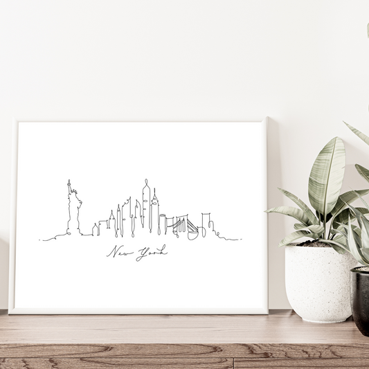 Detailed hand-drawn New York City skyline print with iconic skyscrapers and Statue of Liberty