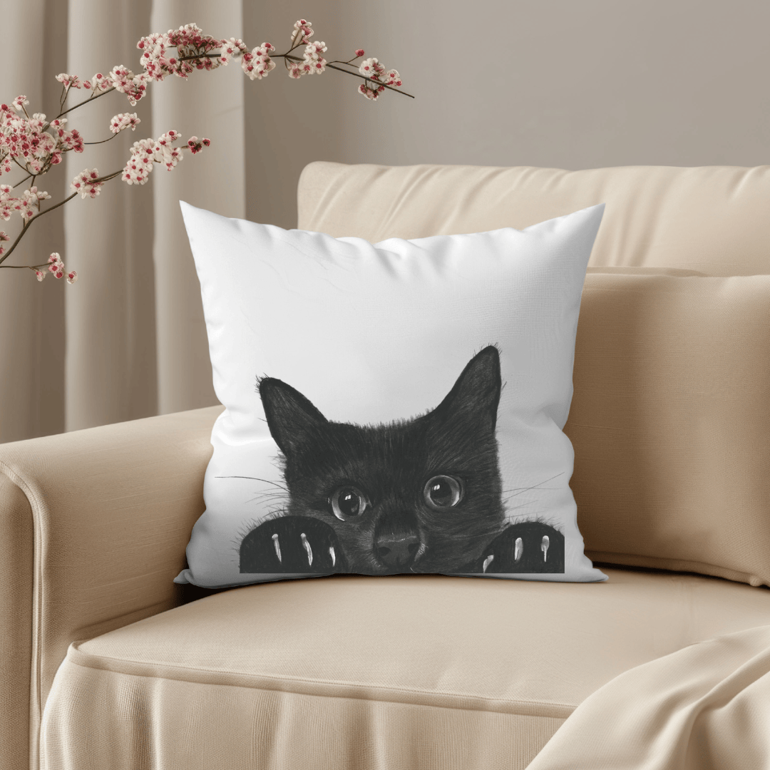 White pillow with a black cat design on a beige couch