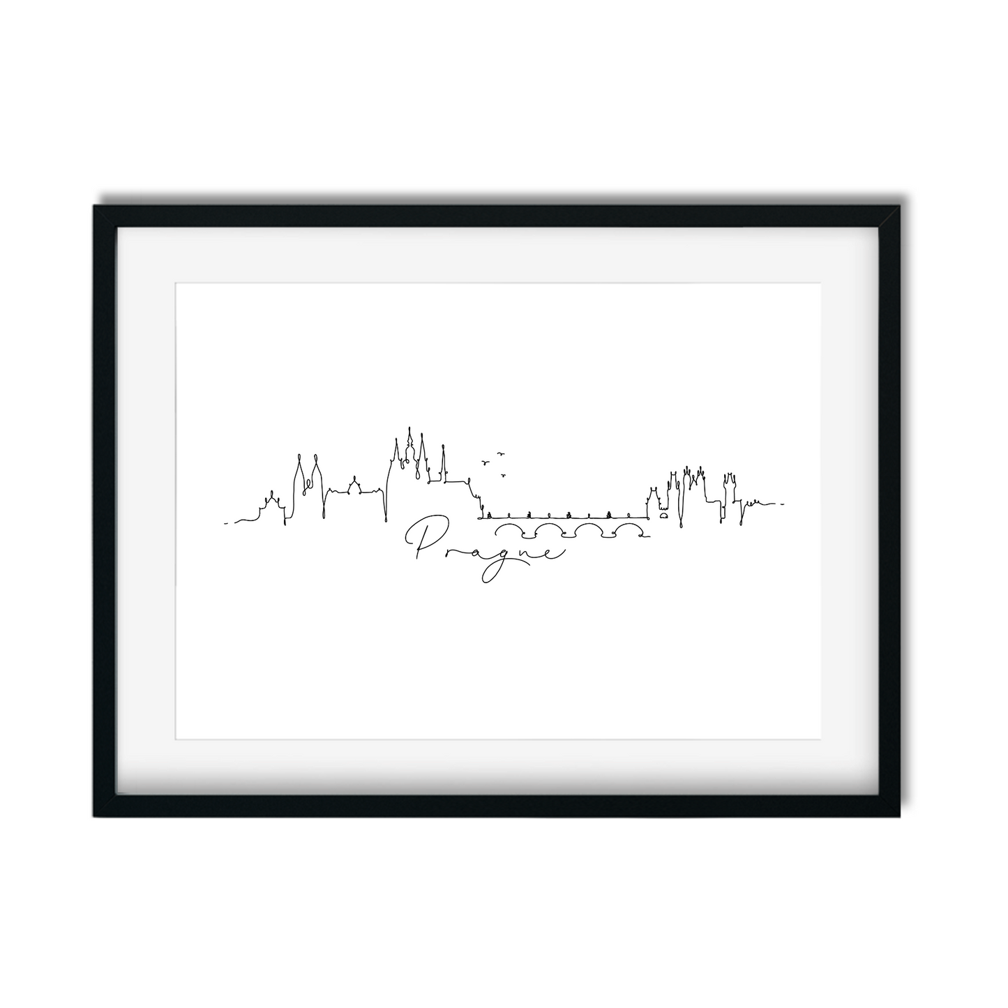 Detailed hand-drawn Prague cityscape print with historic bridges, castle, and charming rooftops