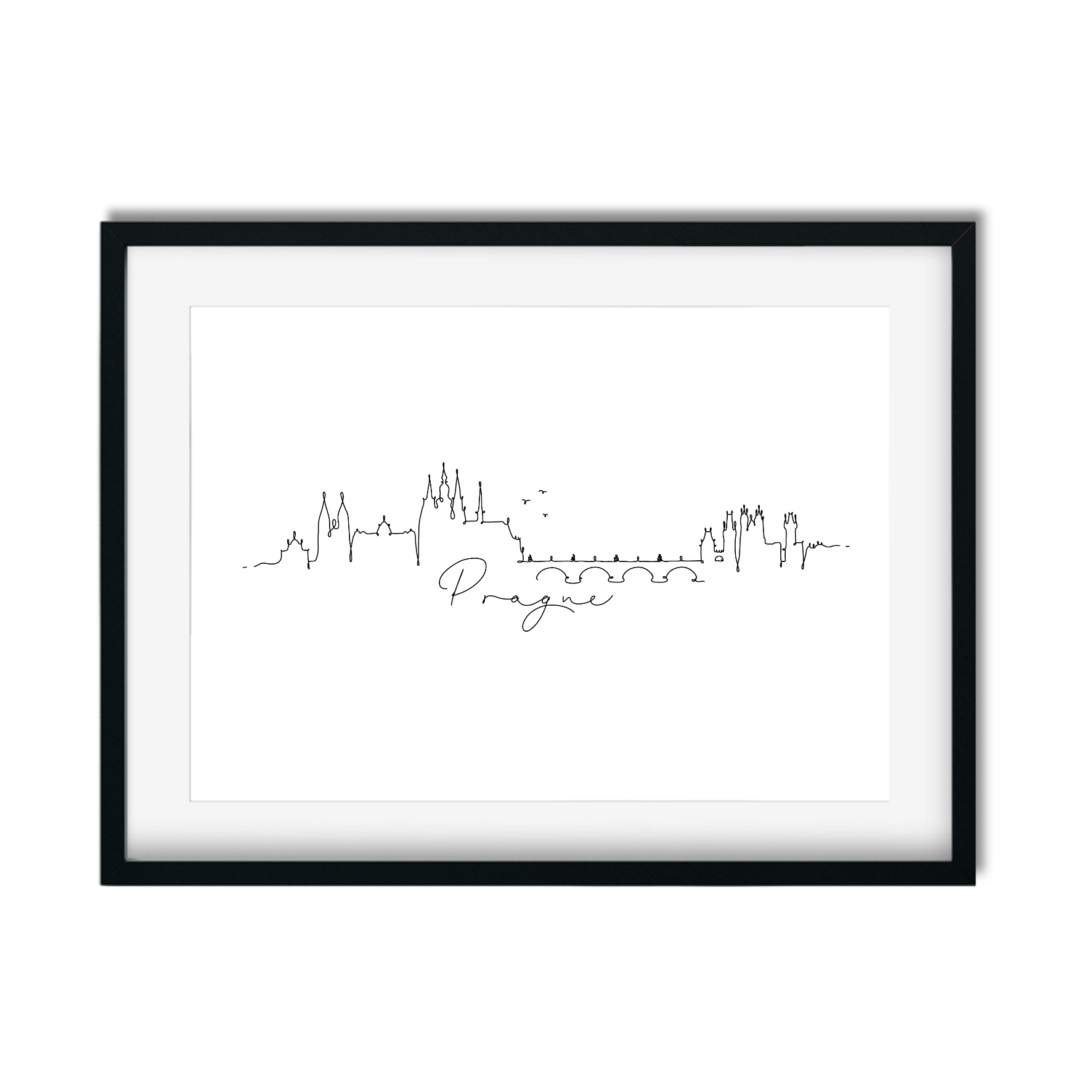 Detailed hand-drawn Prague cityscape print with historic bridges, castle, and charming rooftops