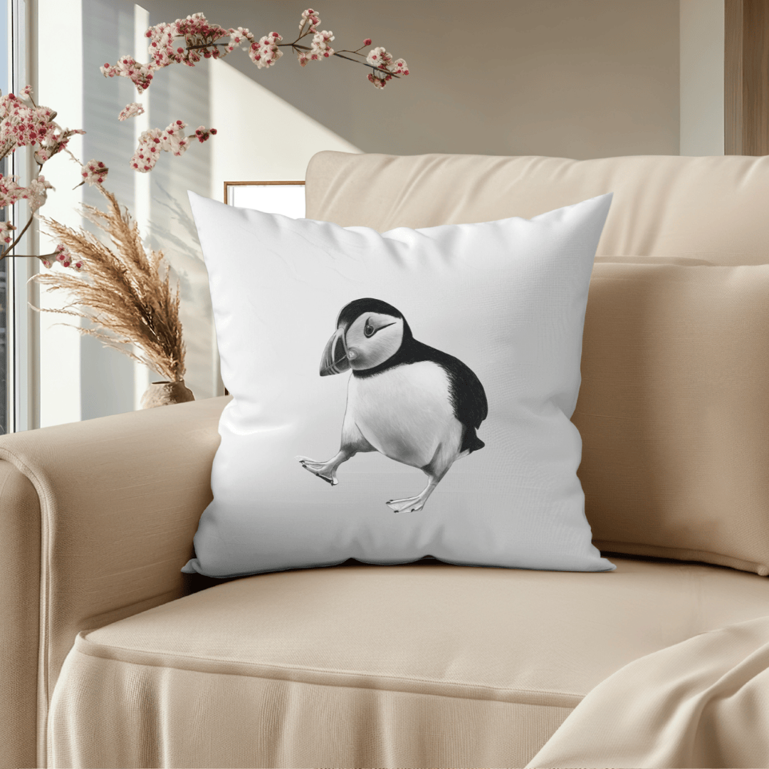 Decorative cushion featuring a detailed hand-drawn puffin illustration, perfect for wildlife lovers, coastal-inspired interiors, and cozy home decor