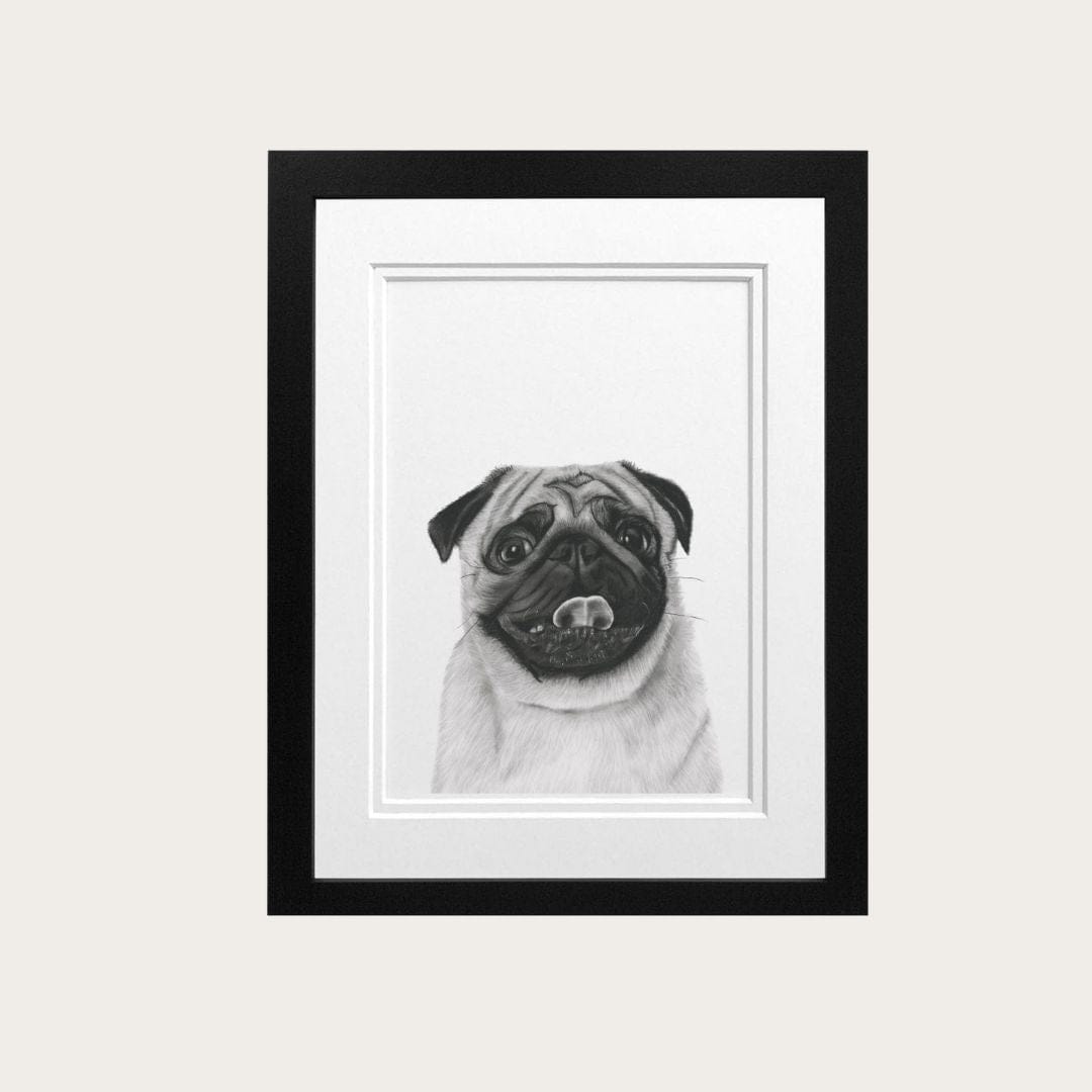 Pug greeting card detail shot showing the hand-drawn illustration technique