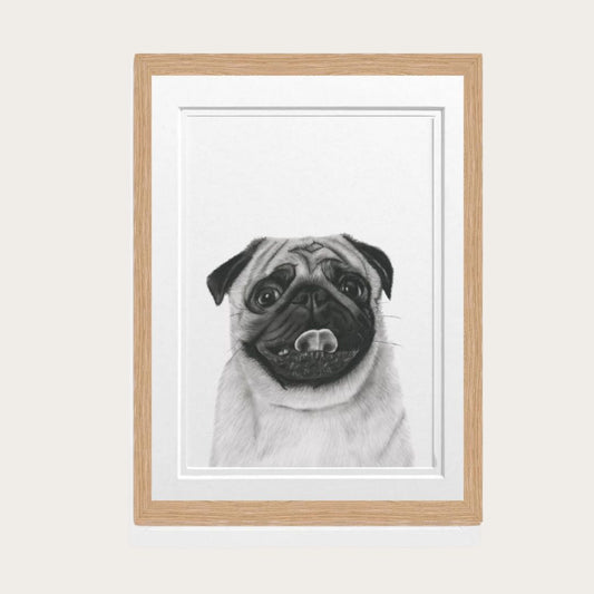 This hand-drawn pug fine art print in an oak frame by Libra Fine Arts captures the delightful personality of this charming breed. A perfect addition to any dog lover's home, combining timeless artistry with a rustic touch