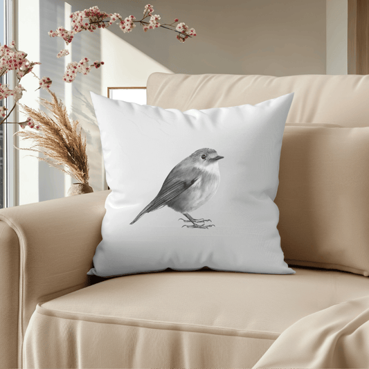 Decorative cushion featuring a detailed hand-drawn robin illustration, perfect for wildlife lovers and cosy festive or countryside-inspired home decor