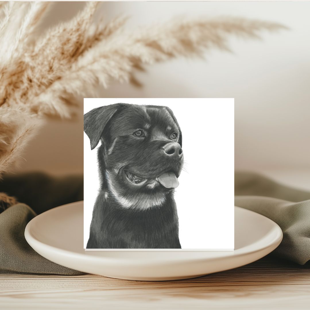 A beautifully illustrated greeting card featuring a hand-drawn Rottweiler, ideal for sending heartfelt messages to canine enthusiasts.