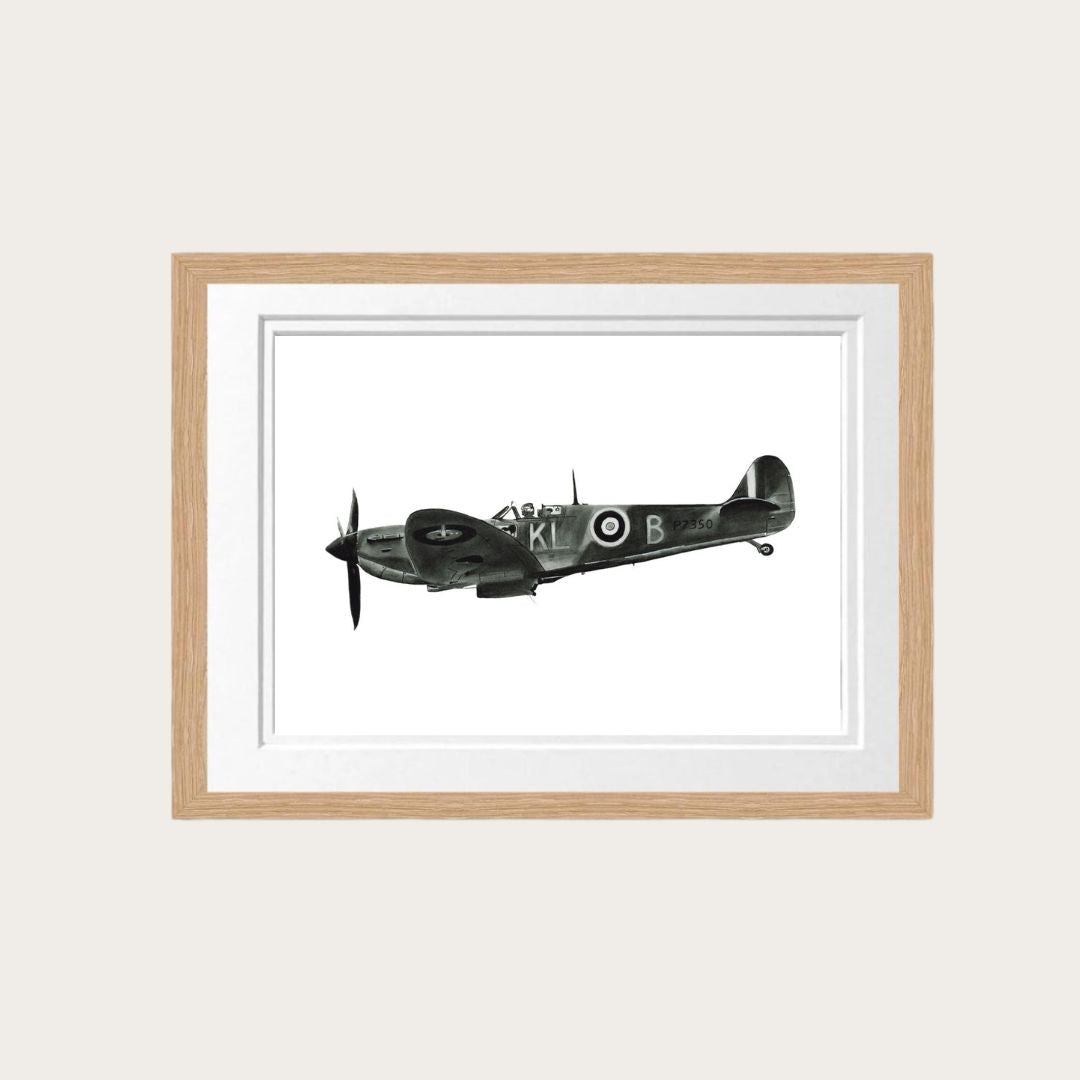 An exquisite art print titled "Flying Home," featuring a hand-drawn illustration of a Spitfire aircraft in flight. Framed in natural oak, the print measures 24x31 inches, with the artwork itself 20x27 inches. A perfect addition to any aviation art collection, this piece commemorates the legacy of World War II fighter planes. 