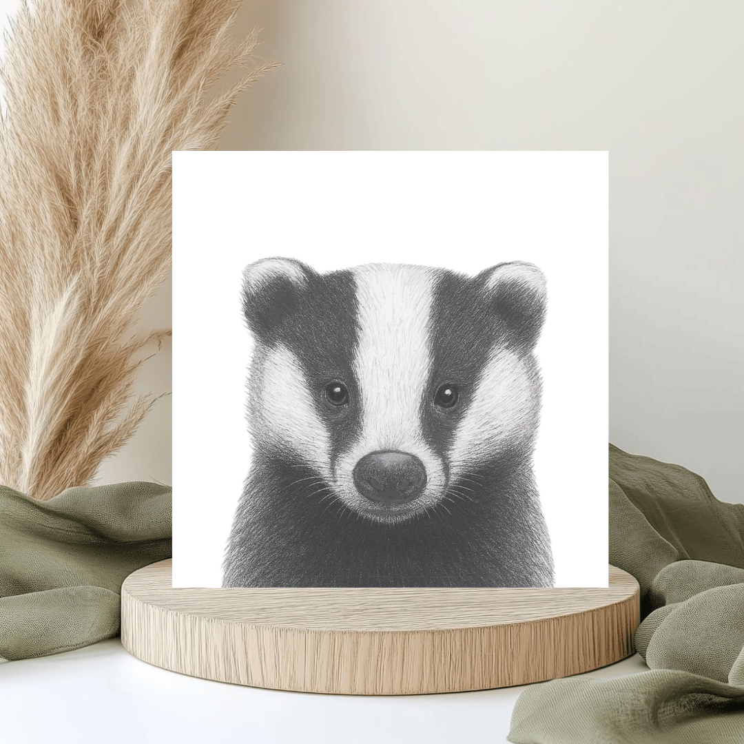 Illustration of a badger on a white background with decorative elements.