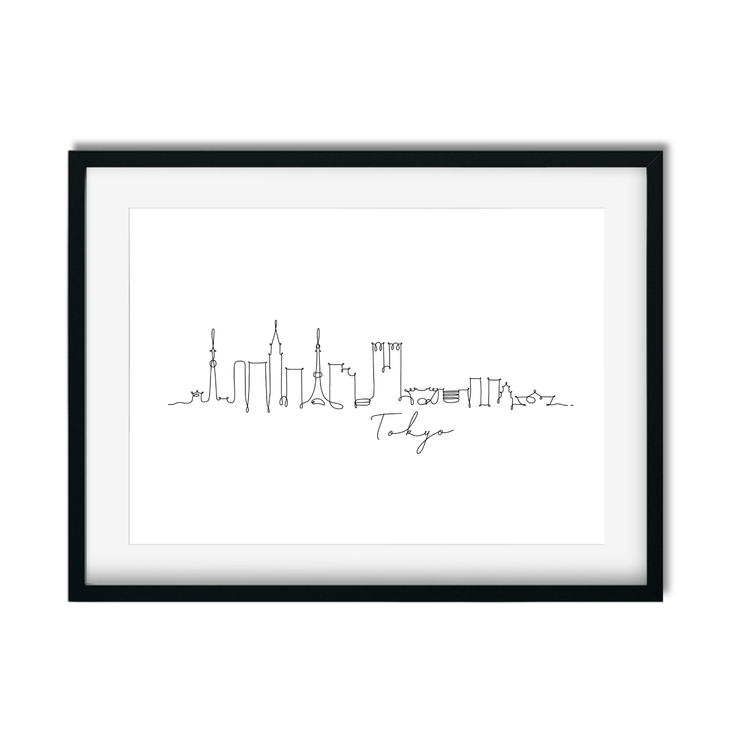 Elegant A4 unframed hand-drawn Tokyo skyline artwork, perfect wall art or unique gift for engagements, first flight crew, or destination weddings.