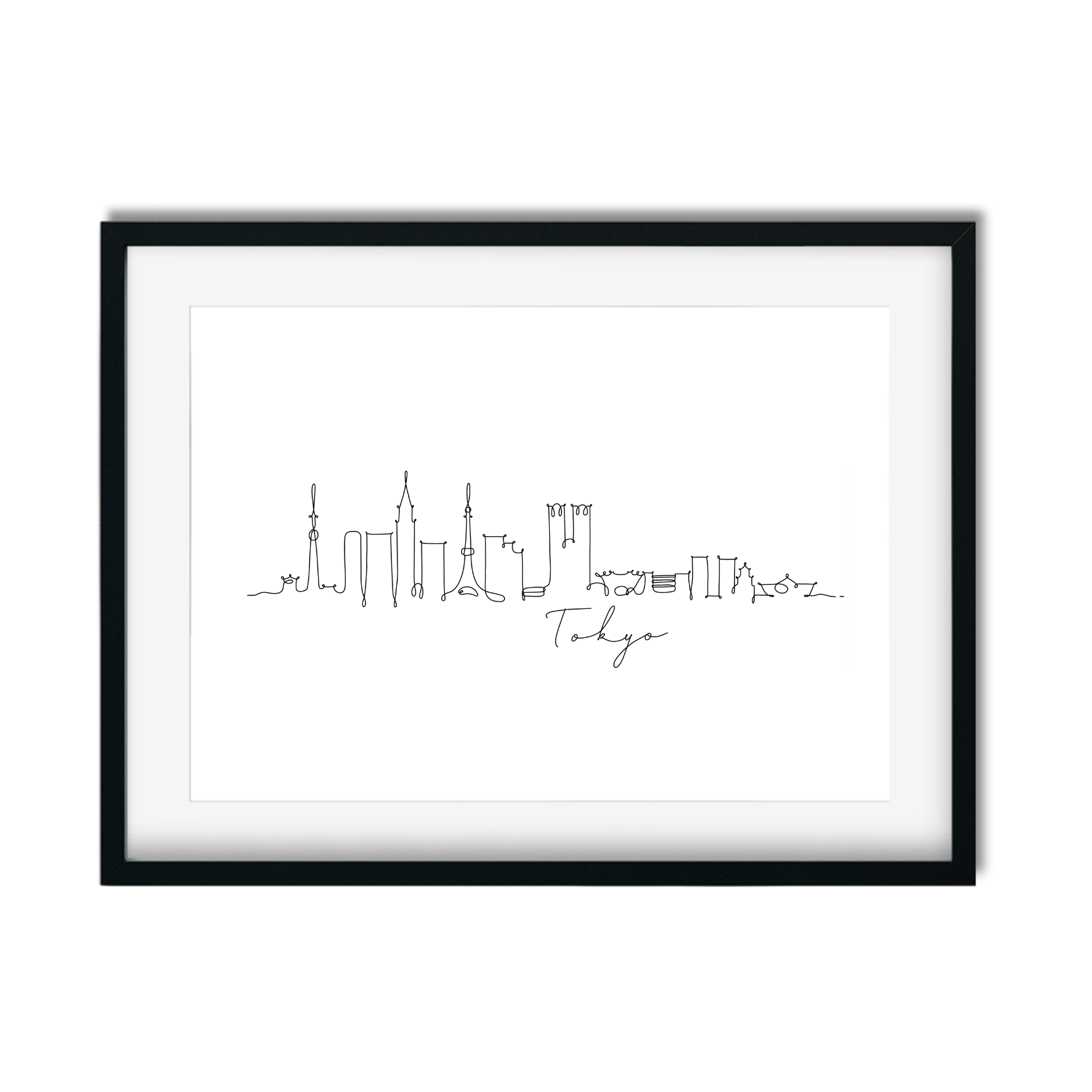 Elegant A4 unframed hand-drawn Tokyo skyline artwork, perfect wall art or unique gift for engagements, first flight crew, or destination weddings.