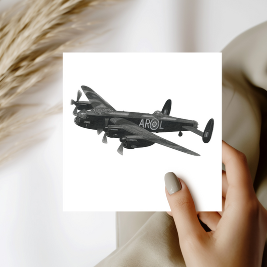 Hand-drawn Avro Lancaster aircraft greeting card for aviation enthusiasts
