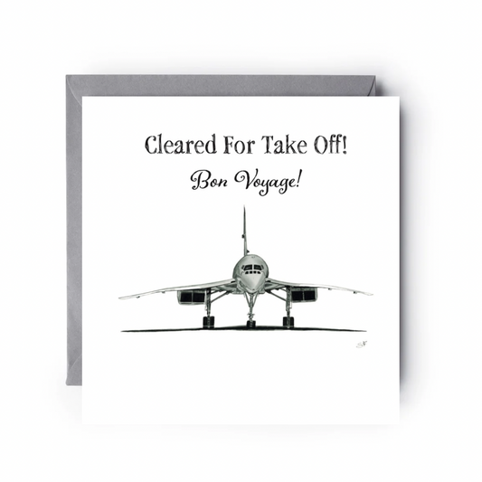 Greeting card with airplane illustration and text 'Cleared For Take Off! Bon Voyage!' on a white background.