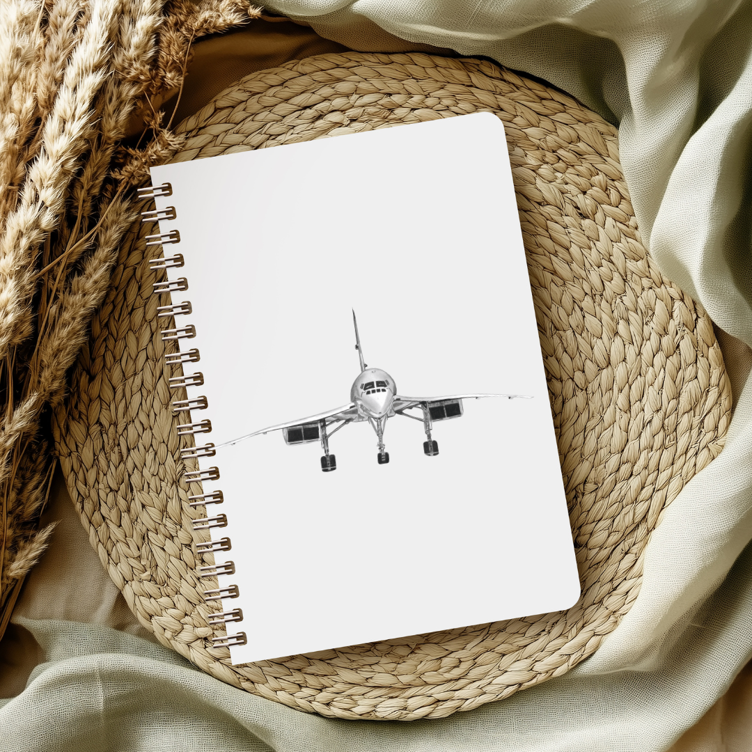 Hand-drawn Concorde aircraft lined notebook featuring a detailed side profile illustration, perfect aviation gift for Concorde lovers, pilots, and travel enthusiasts