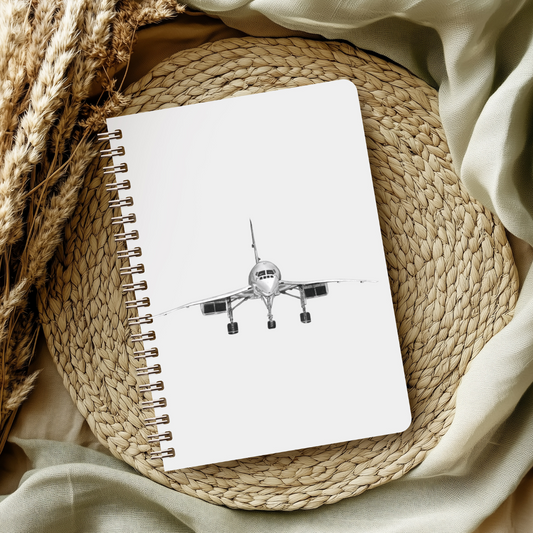 Hand-drawn Concorde aircraft lined notebook featuring a detailed side profile illustration, perfect aviation gift for Concorde lovers, pilots, and travel enthusiasts