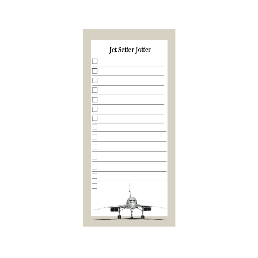A stylish list pad from the Travel Collection featuring the phrase Jet Set Jotter with a hand-drawn aircraft-inspired design, perfect for to-do lists and daily organisation.