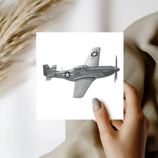 North American P-51 Mustang Aircraft Greeting Card – Hand-Drawn Vintage Plane Design