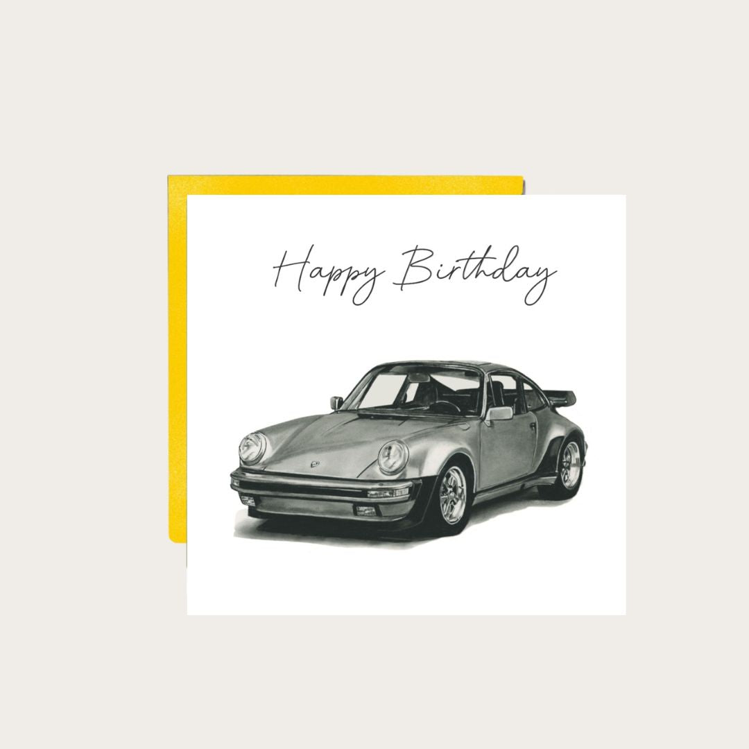 Hand-drawn Porsche birthday greeting card, celebrating classic German sports cars, ideal for car lovers, collectors, and vintage automobile fans.
