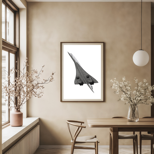 A beautifully detailed hand-drawn artwork of the Concorde at take-off, showcasing the iconic supersonic aircraft as it ascends gracefully into the sky. The illustration highlights the sleek design and dynamic motion, perfect for aviation enthusiasts and collectors alike.
