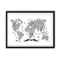 Hand-drawn typography world map print with countries illustrated in bold text