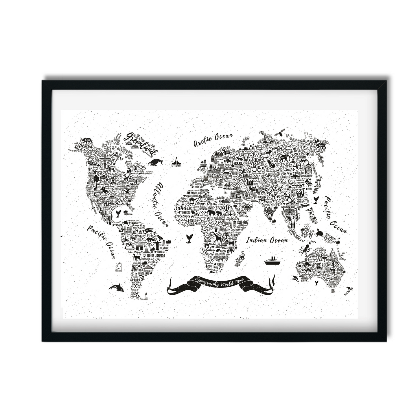 Hand-drawn typography world map print with countries illustrated in bold text