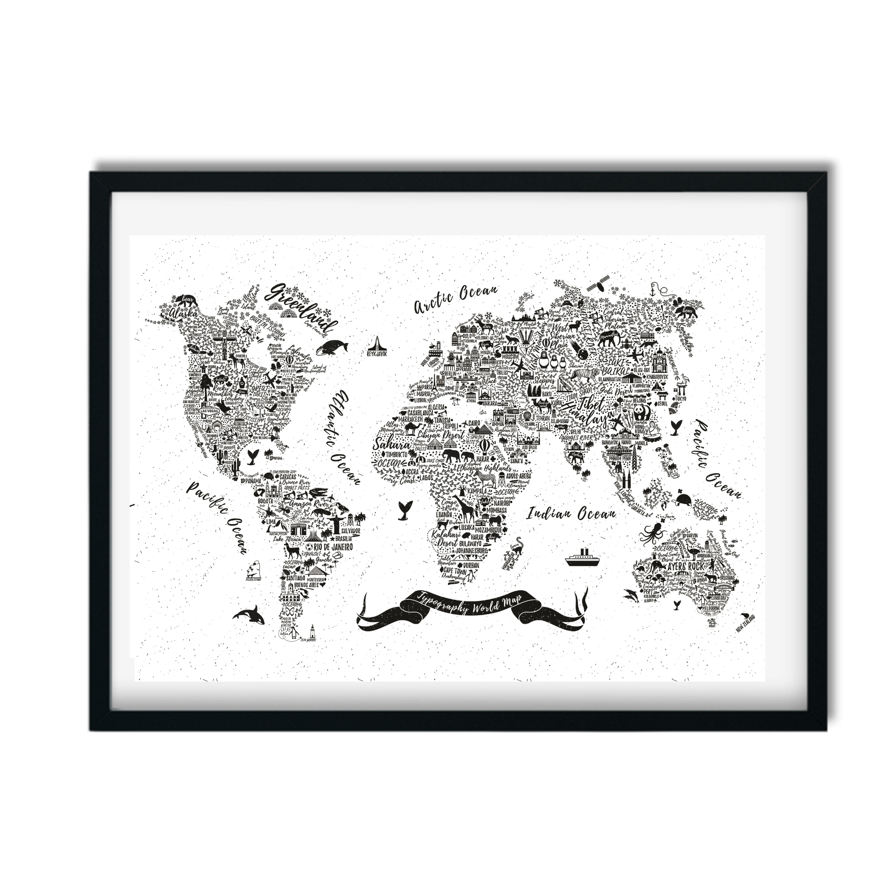 Hand-drawn typography world map print with countries illustrated in bold text