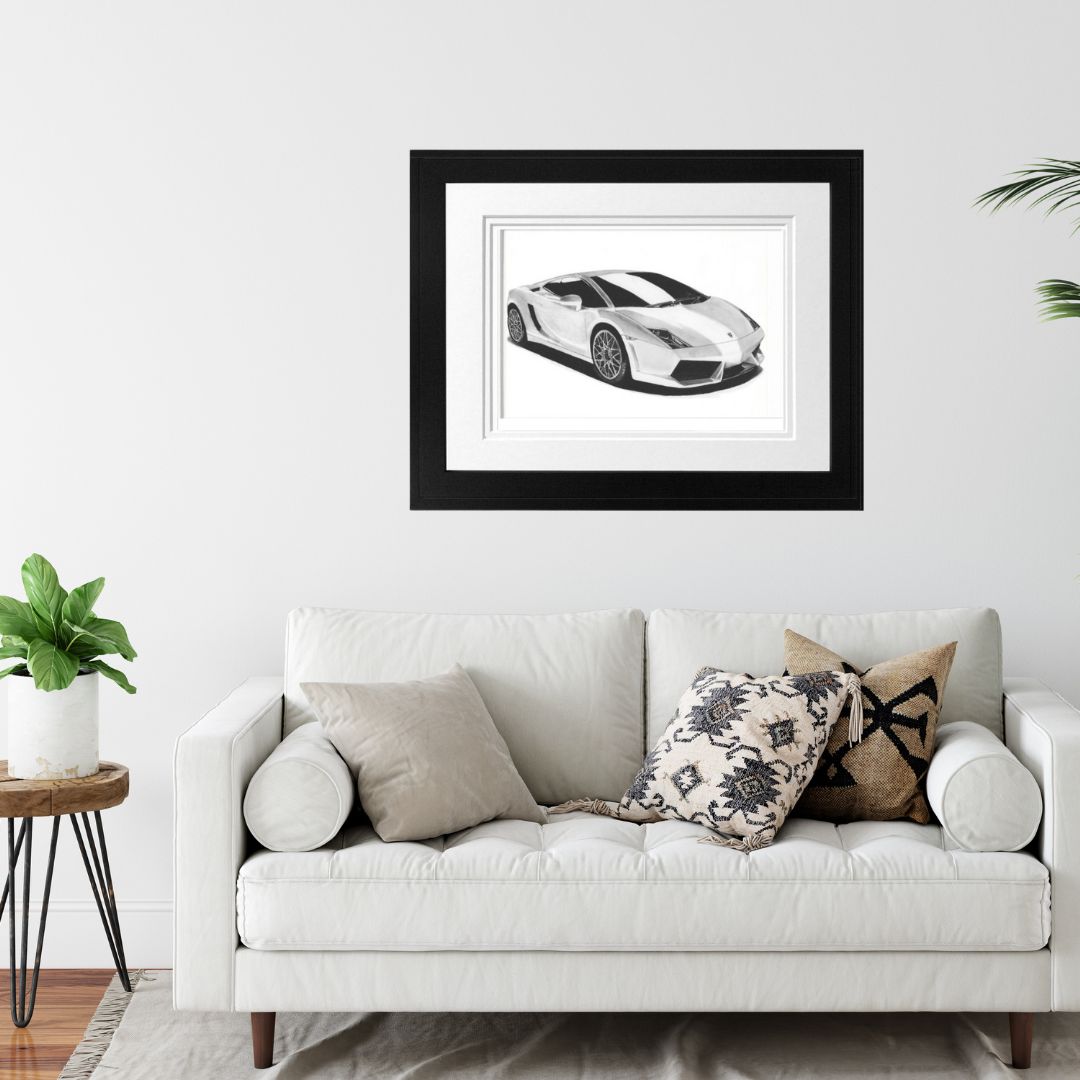 Lamborghini Gallardo Fine Art Print by Libra Fine Arts, featuring a highly detailed black and white hand-drawn illustration of the iconic supercar.