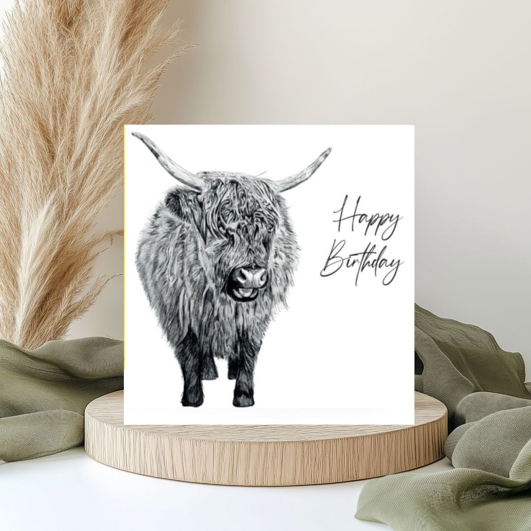 Happy Birthday Baby Highland Cow Card – A charming hand-drawn birthday card featuring an adorable baby Highland cow, perfect for a nature-loving friend.