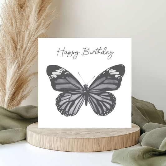 A Happy Birthday Butterfly Card featuring a delicate hand-drawn butterfly, with intricate details. The design adds a touch of elegance and joy, making it a perfect card to celebrate someone’s special day.