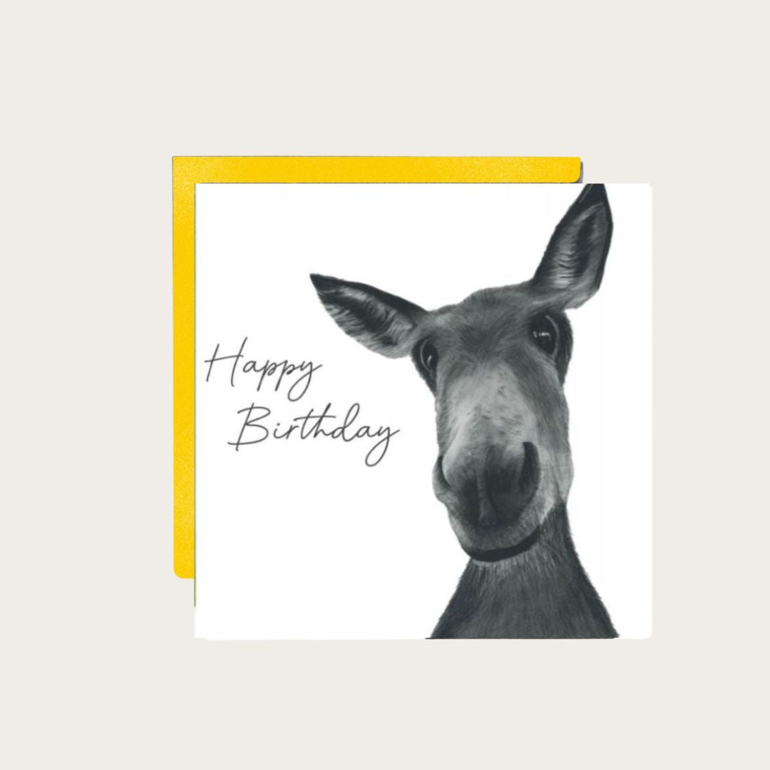 Happy Birthday Donkey Card – A delightful hand-drawn card featuring an adorable donkey, perfect for sending birthday wishes to animal lovers