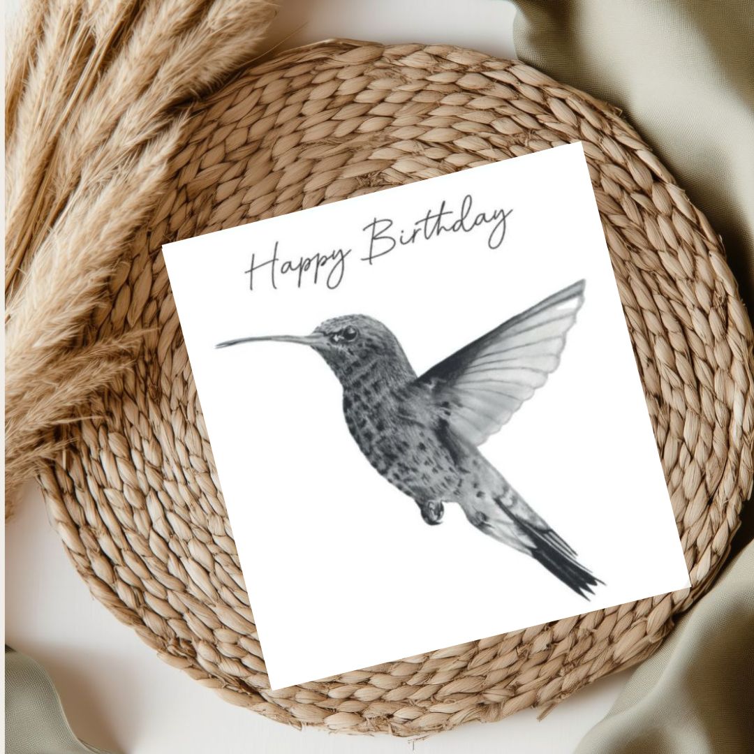 Happy Birthday Hummingbird Card – A delicate hand-drawn hummingbird design, perfect for birthday celebrations