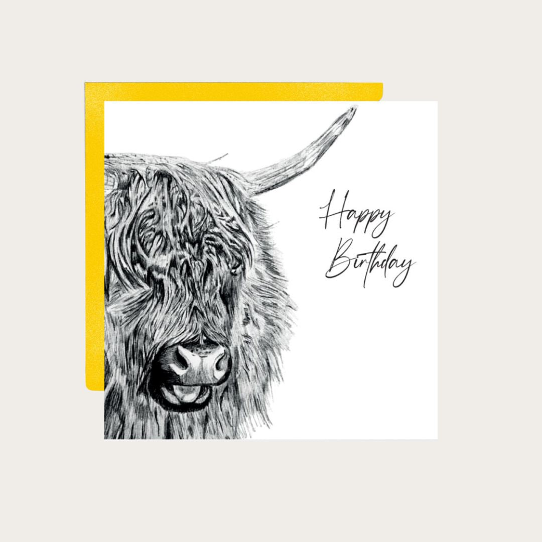 Celebrate a loved one’s birthday with this Menkar Highland Cow Happy Birthday card, featuring a beautifully illustrated cow perfect for animal lovers