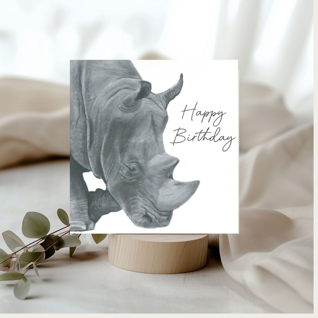 Celebrate a special day with this adorable, hand-drawn rhino birthday card.