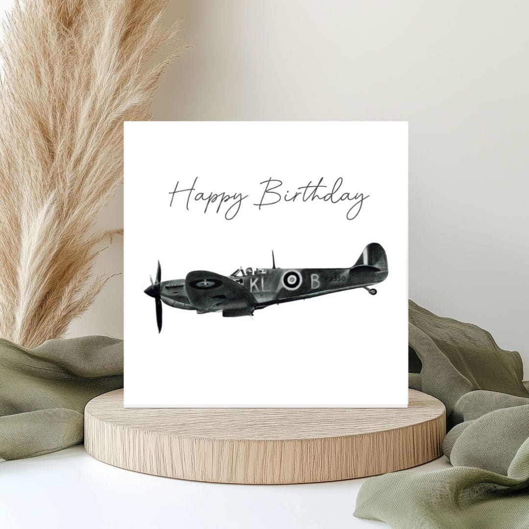 Celebrate a special birthday with this stunning hand-drawn Spitfire greeting card by Libra Fine Arts. Featuring an intricately detailed Spitfire aircraft illustration, this card is perfect for aviation enthusiasts, history buffs, and those who appreciate classic aircraft. A timeless gift for any aviation lover.
