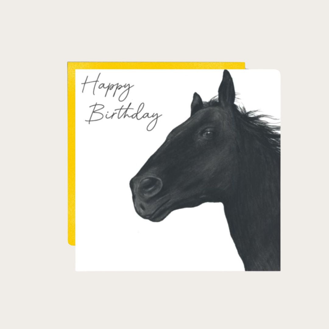 Hand-drawn birthday card featuring Stribor the Horse, a charming illustration perfect for horse lovers