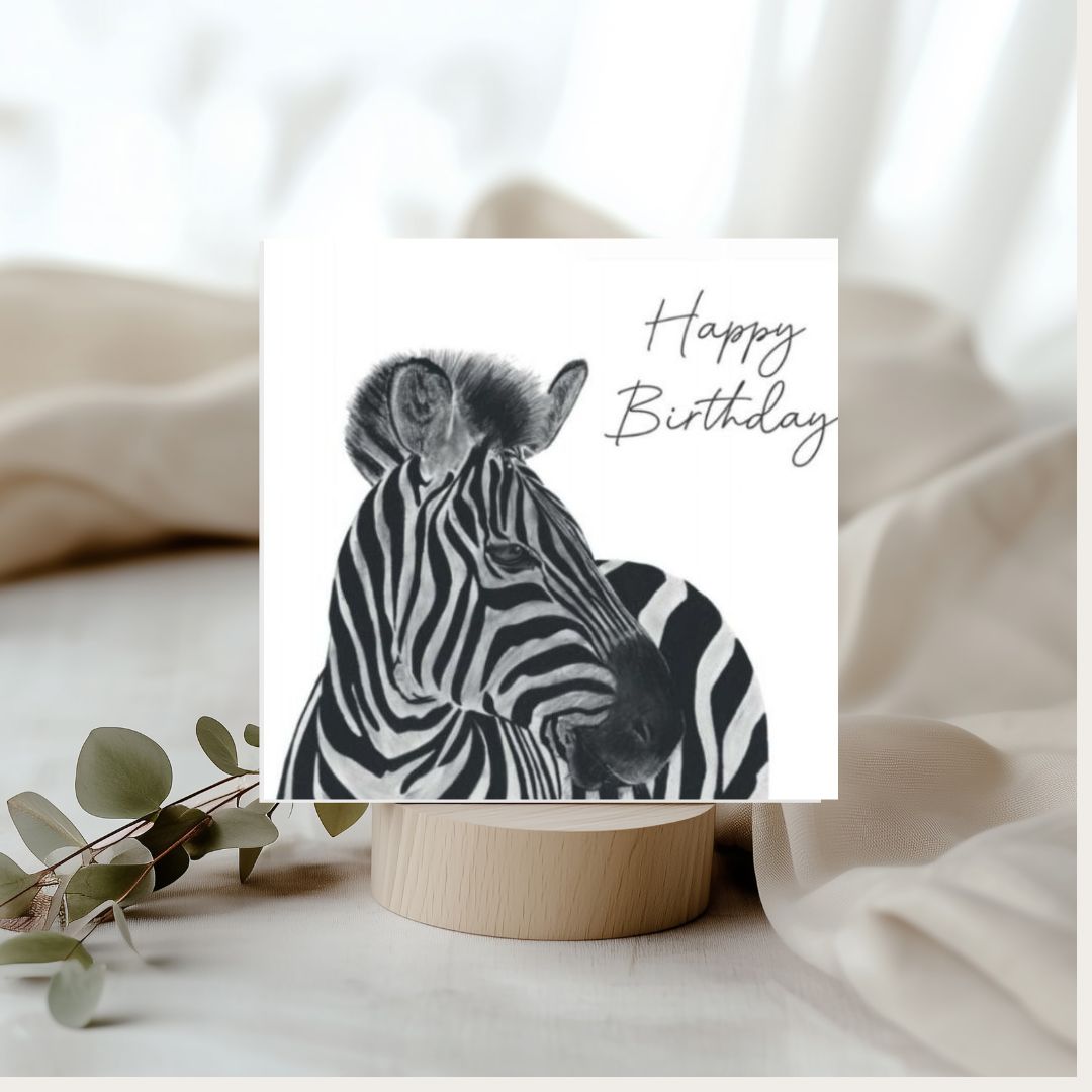 Happy Birthday Zebra Card – A vibrant, hand-drawn zebra design to add a fun touch to any birthday celebration